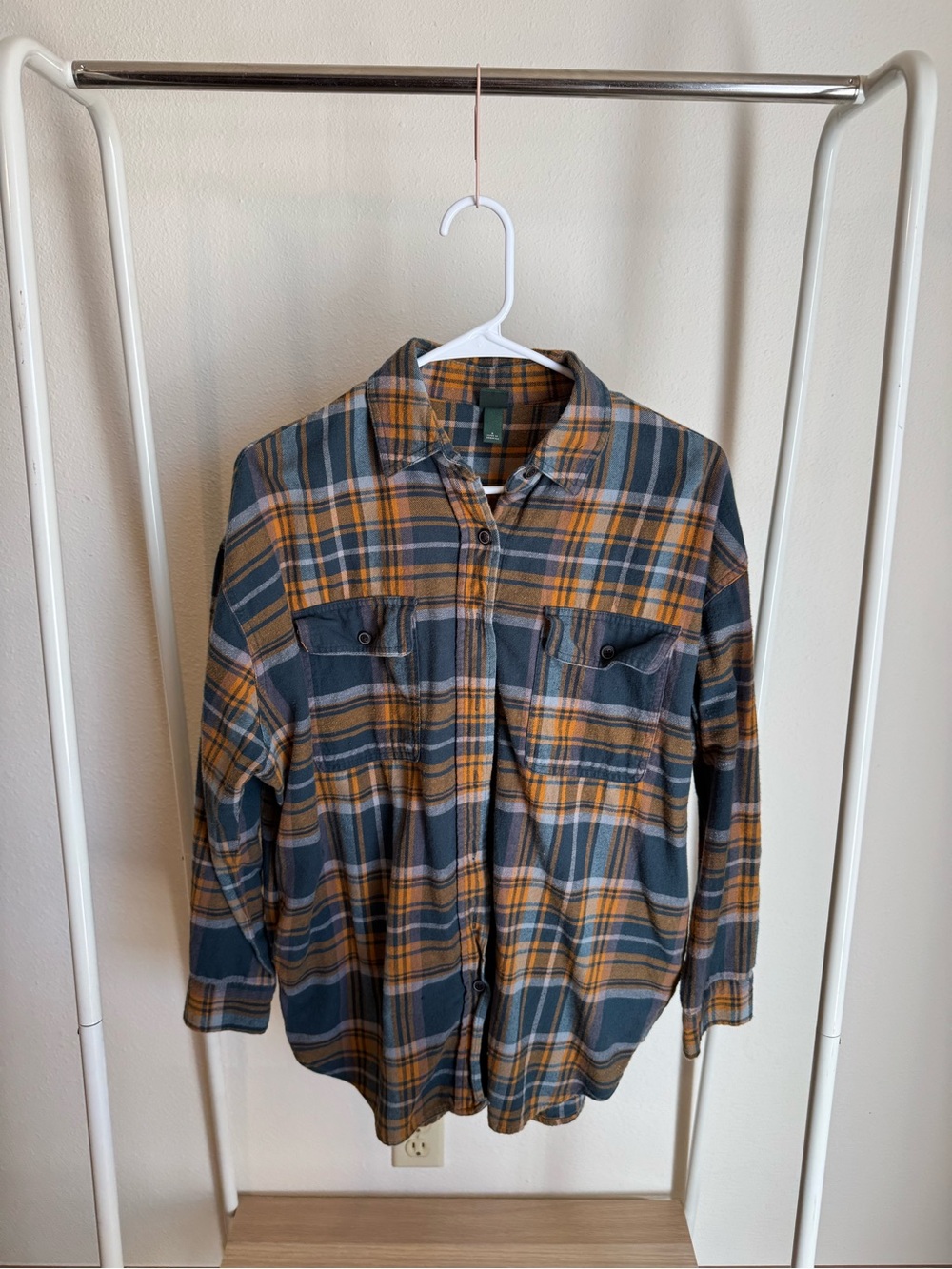 Women's Plaid Button-Up Shirt in Blue and Mustard